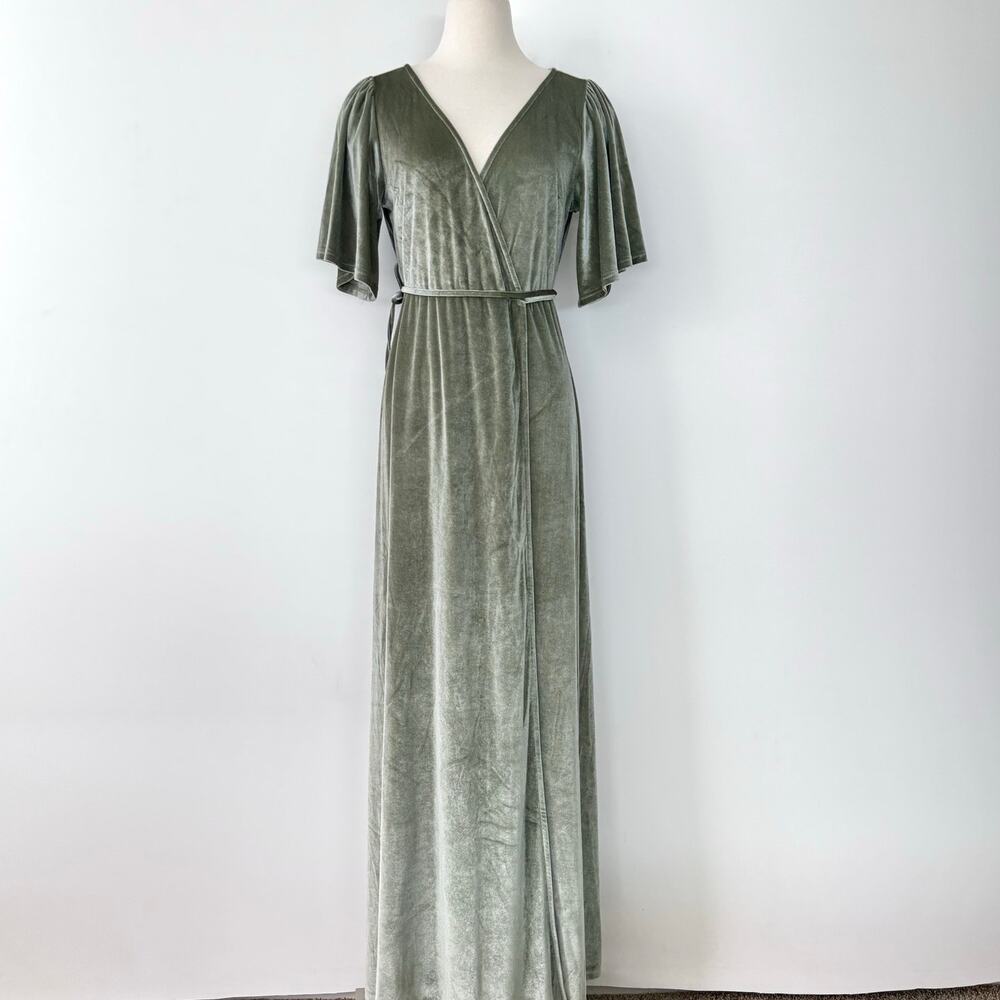 Baltic Born Meghan Velvet Wrap Maxi Dress Sage Green Short Bell Sleeves L NWT - Picture 2 of 13